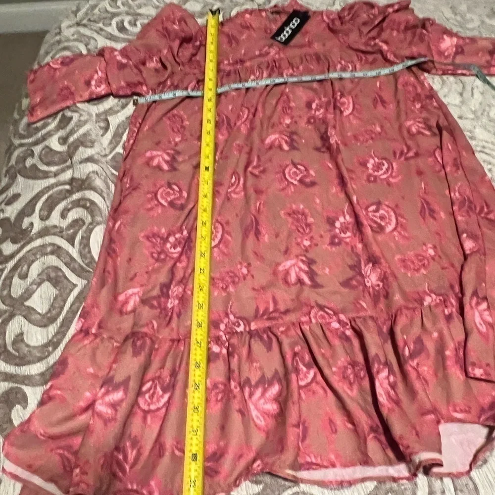 Boohoo Printed Puff Sleeve Ruffle Neck Smock Dress | Size 14 (XL) NWT